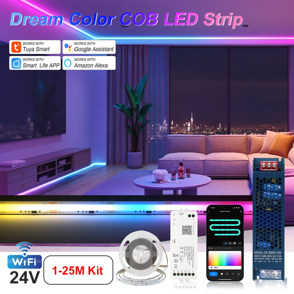 

Адресная светодиодная лента RGB COB 24 В WS2811 Пиксельная светодиодная лента Tuya WiFi RGBIC Комплект светодиодных лент для украшения ТВ-зала