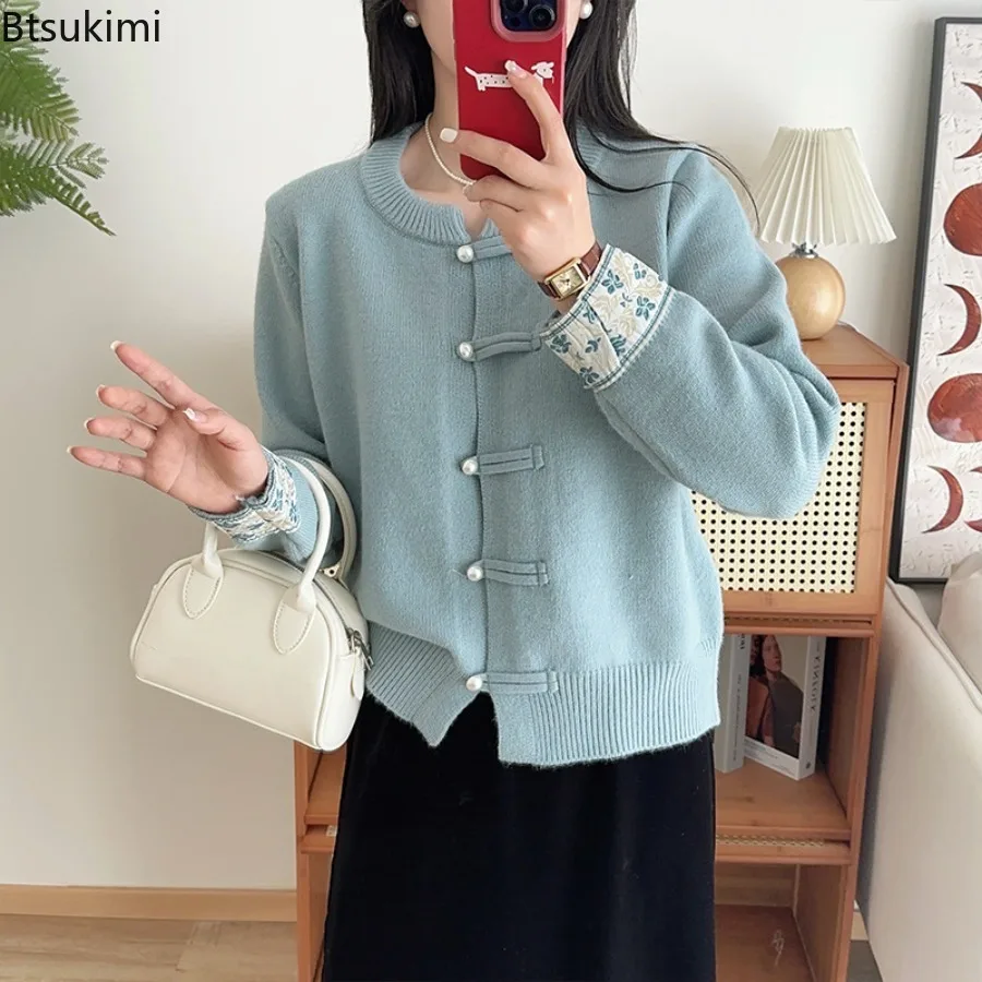 

2025 New Chinese Style Knitted Cardigan Autumn and Winter Solid Color Loose Sweater Jacket Fashionable Women's Knitted Coats
