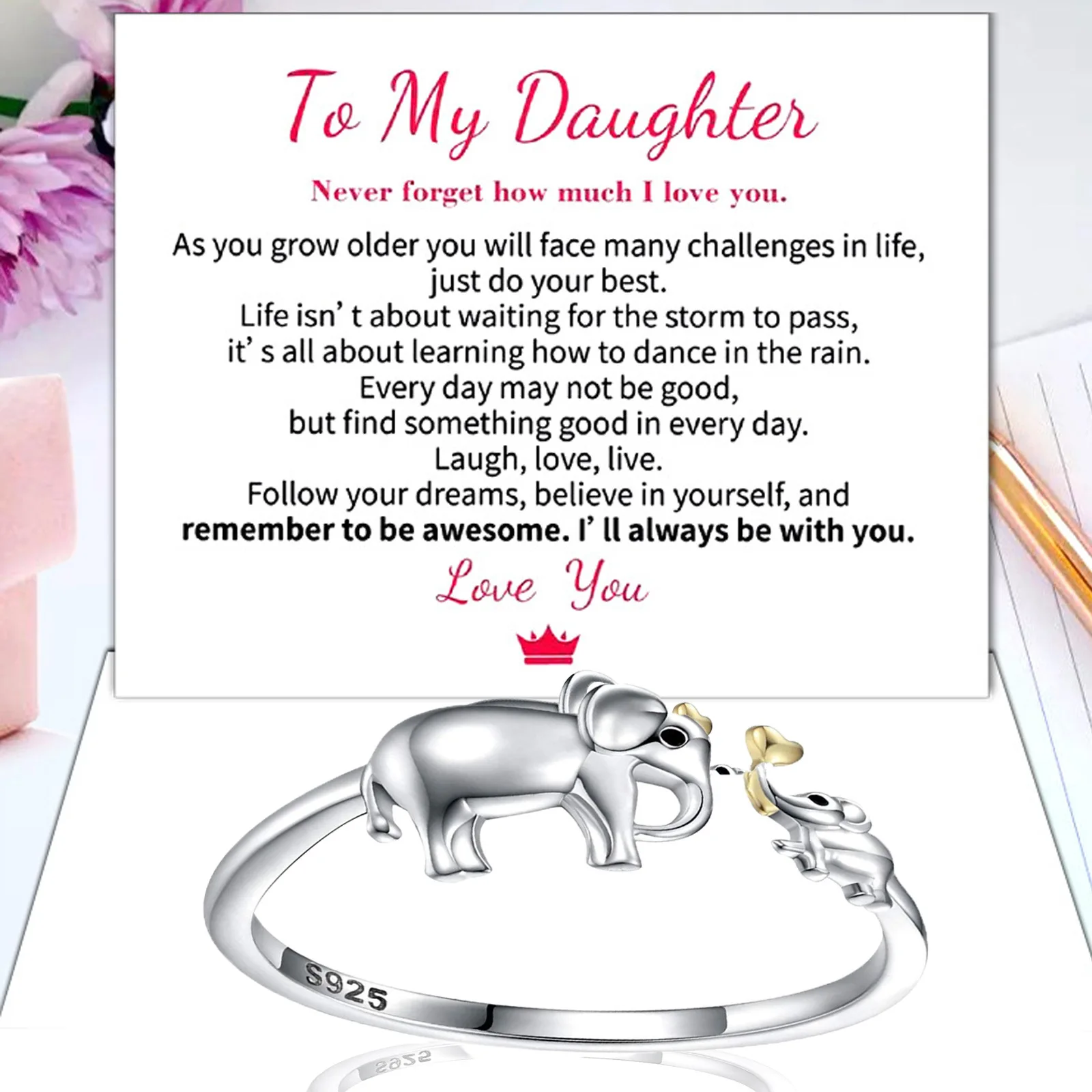 Mother Daughter Lucky Elephant Adjustable Ring Mama and Baby Elephant Rings Heart Family 2 Elephants Gift with Wish Card