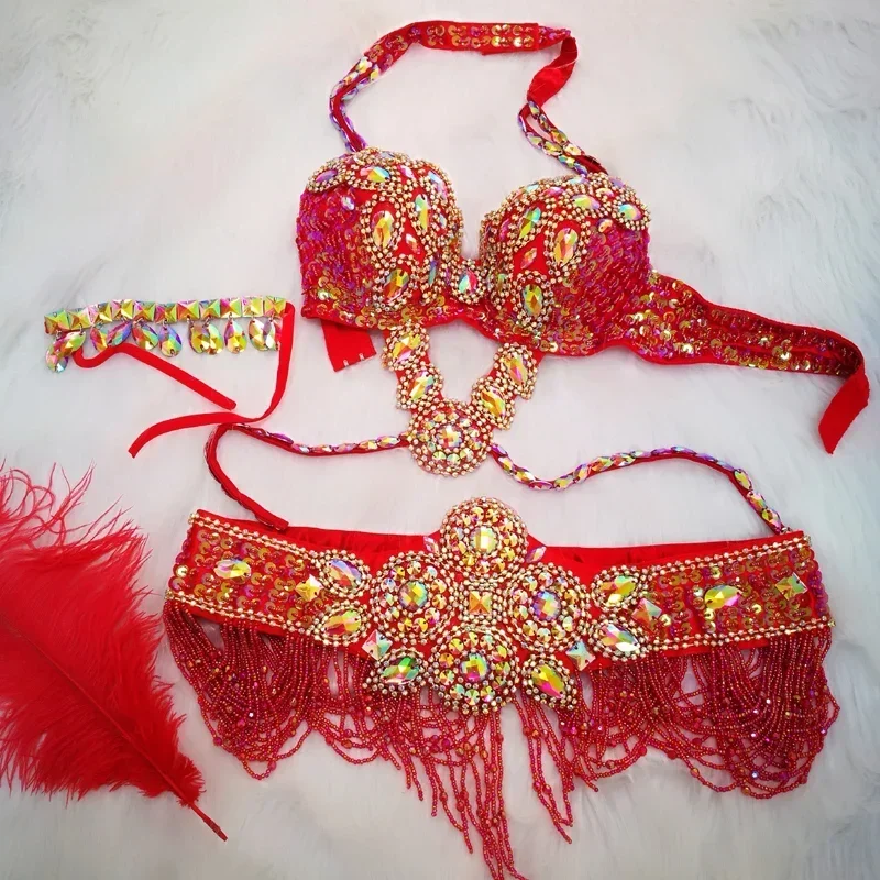 A 2025 Belly Dance Women Samba Carnival Rio Costume Bra and Belt Stage Performance Wear Handmade Beads Adult Show New xjr89