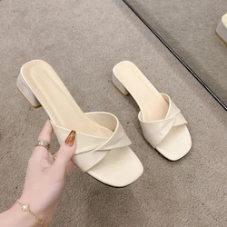 Female Slippers 2024 New Summer Thick Heel Fairy Style One word Comfortable Internet Red High Heel Slippers