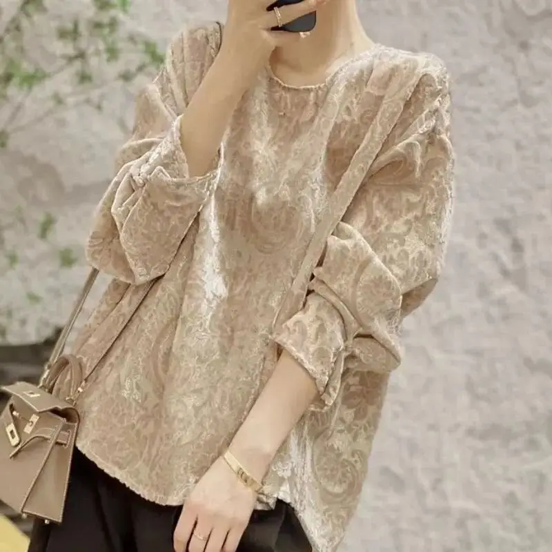 Camicetta Jacquart con o-collo kaki moda coreana donna primavera autunno nuova camicia da donna di fascia alta a maniche lunghe allentata