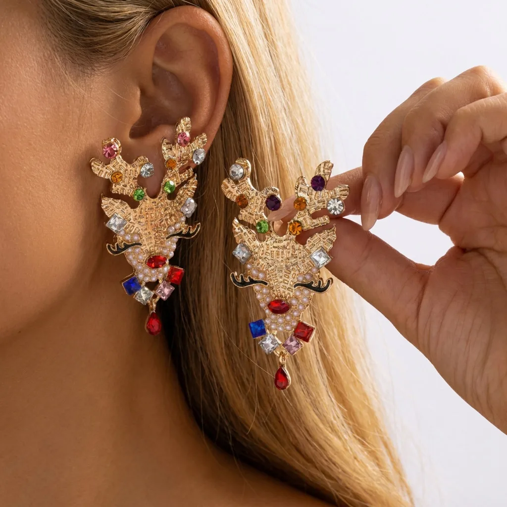 7 Stilvolle Weihnachts-Elch-Ohrhänger für Damen, Glänzende Bunte Strass-Hirsch-Ohrringe, Charms für Neujahrsparty, Feiertagsschmuck-Geschenk – Detail 2