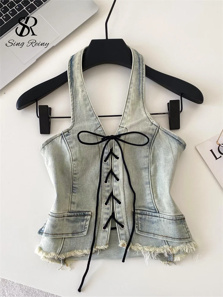 Lace-Up Denim Halter Corset Top with Raw Fringed Hem Sleeveless Crop Jean Vest Waistcoat Women Spring Summer Y2K Outfit