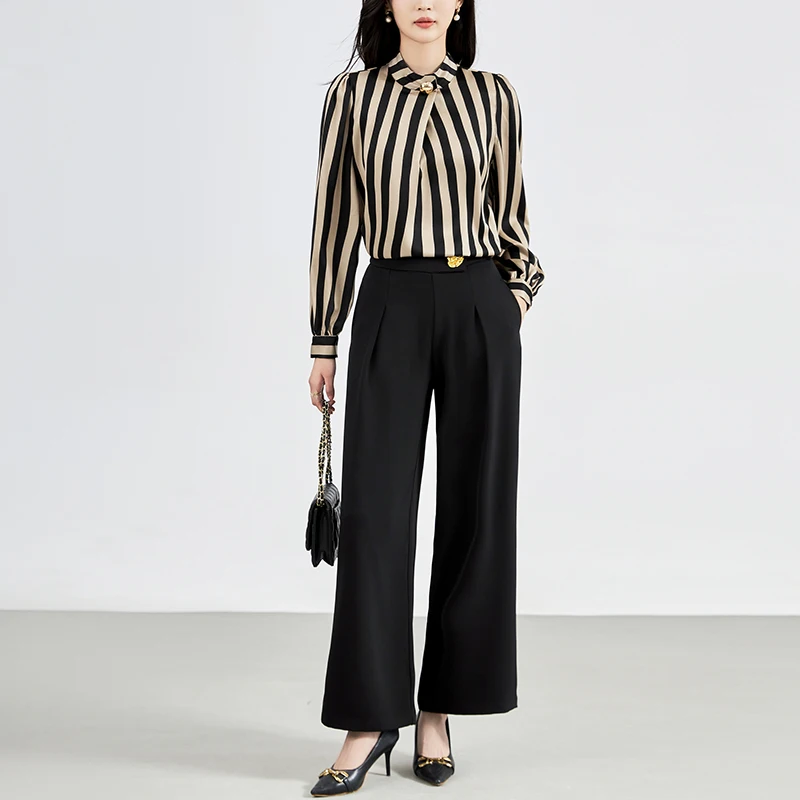

Elegant Pants Sets For Women 2 Pieces Outfit Autumn Satin Striped Shirt Blouse And Wide Leg Pants Office Lady Two Piece Sets