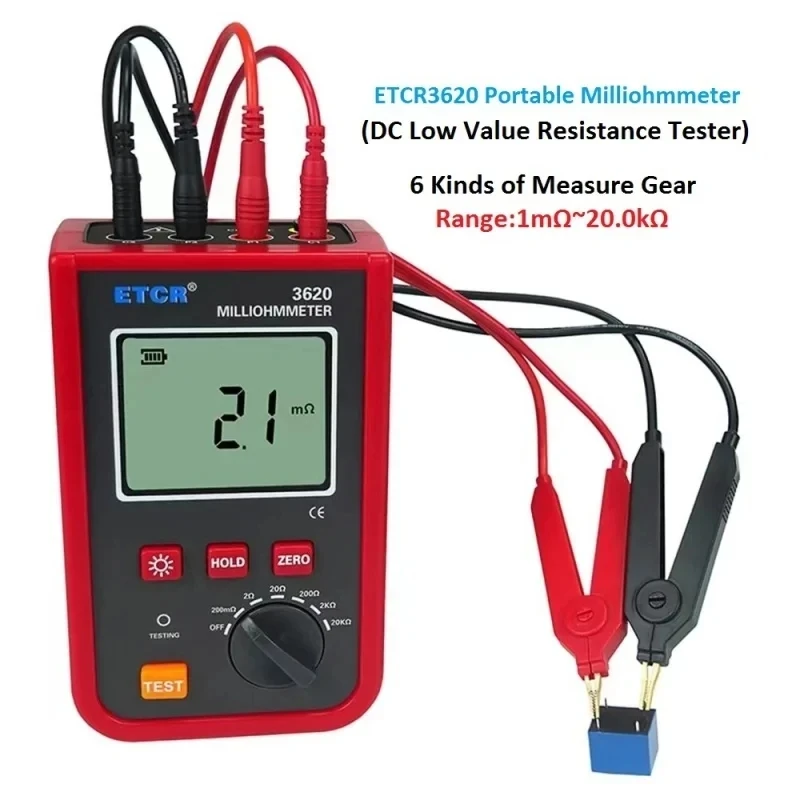 ETCR3620 Portable Milliohmmeter DC Low Value Resistance Tester 1.2A 20kΩ Precision 4-wire Method AC/DC 2 Channel Detector