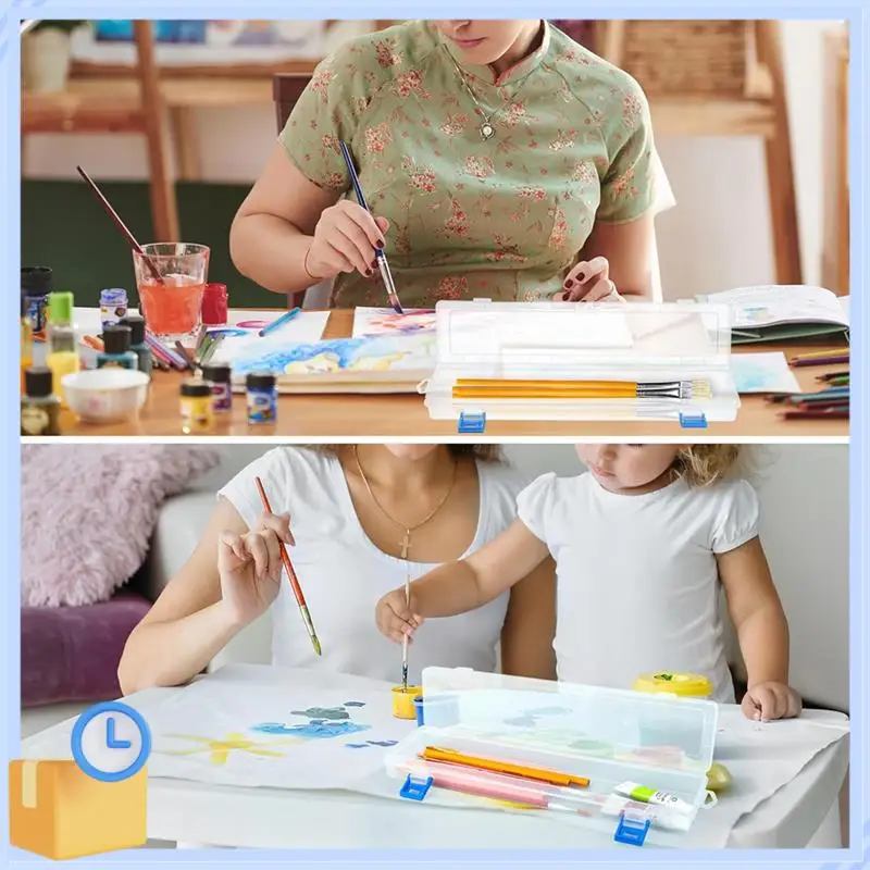 Popular 6Pcs Plastic Paint Brush Storage Box,13 Inch Clear Paint Brush Holder Drawing Pen Container With Buckle Plastic Paint