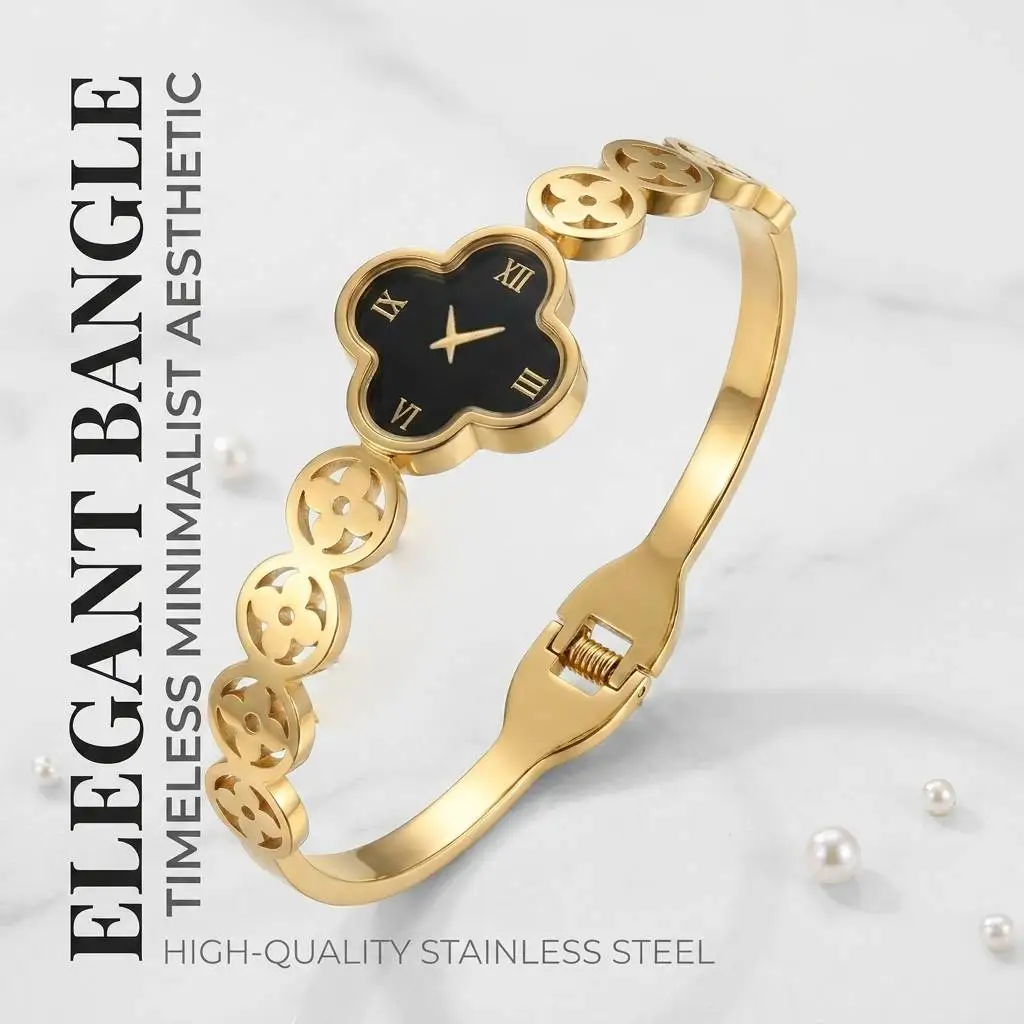 JP One Gold Color Flower Watch Design Bangle, Stainless Steel Bracelet for Women, Fashion Jewelry Gift 60mm Diameter Openable