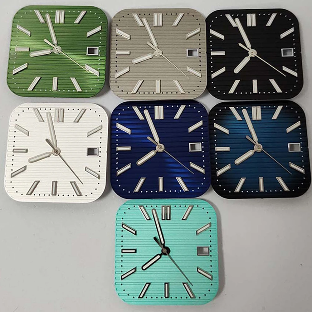

29.5MM Watch Dial Green Luminous Silver Nails Square Dial NH35 Hands for NH35 NH36 Movement Single Calendar Watch Face + Pointer