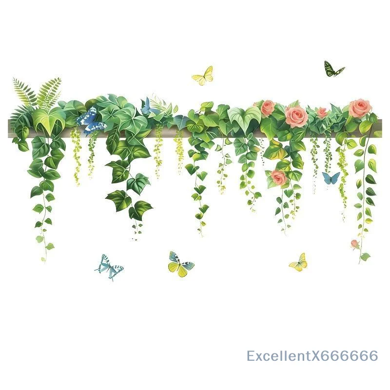 Easy Clean Wall Decals Green Vine Pink Rose Butterfly Removable Self-Adhesive Murals for Dining Room Kitchen Wall Decor