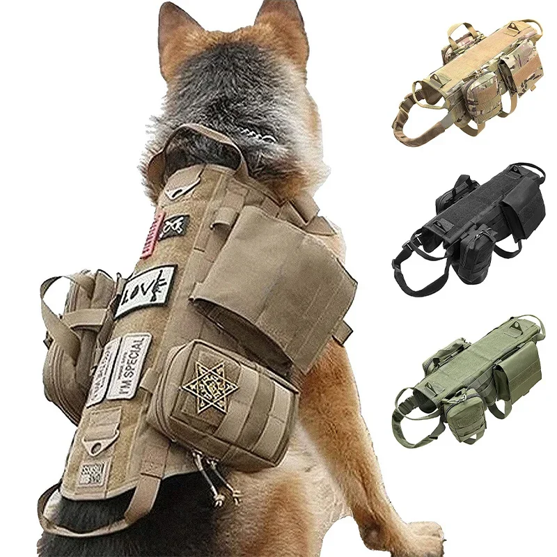 Tactical Dog Harness with Pouches Vest K9 No-Pull Handle Comfortable Adjustable Outdoor Training Service Camouflage Harness