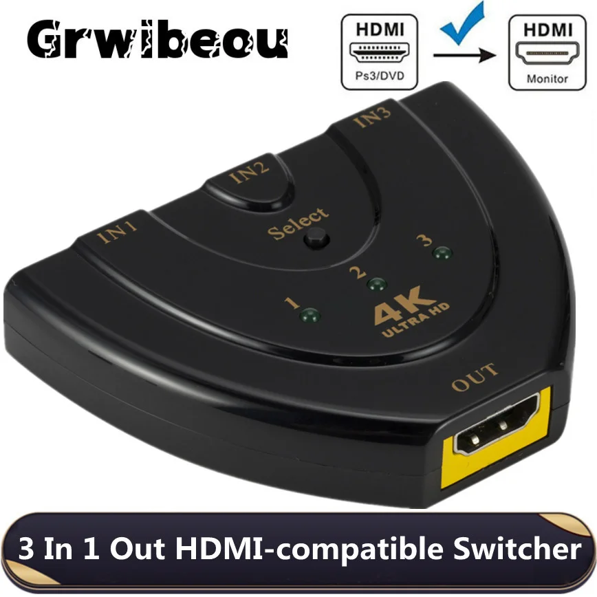 Grwibeou 3 In 1 Out HDMI Switch 4K Switcher HD 1080P Kabel Video Splitter 1X3 Hub Adapter Converter untuk PS4/3 TV Box HDTV PC