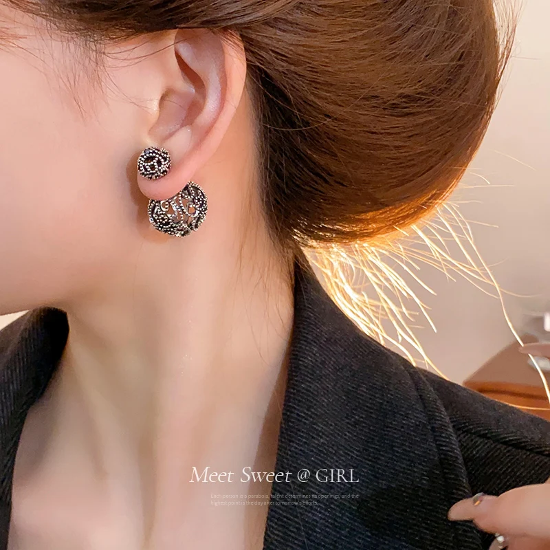 Gun Black Double-sided Hollow Round Ball Earrings Retro Temperament niche Unique Earrings High-end Feeling Earrings For Women