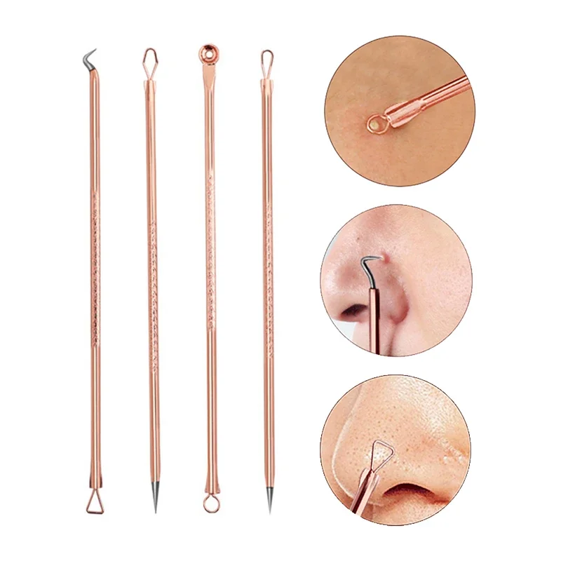 4PCS  Acne Blemish Remover Blackhead Extractor Black Dots Cleaner Needles Set Black Spots Pore Cleanser Tool   Rose Gold Sliver