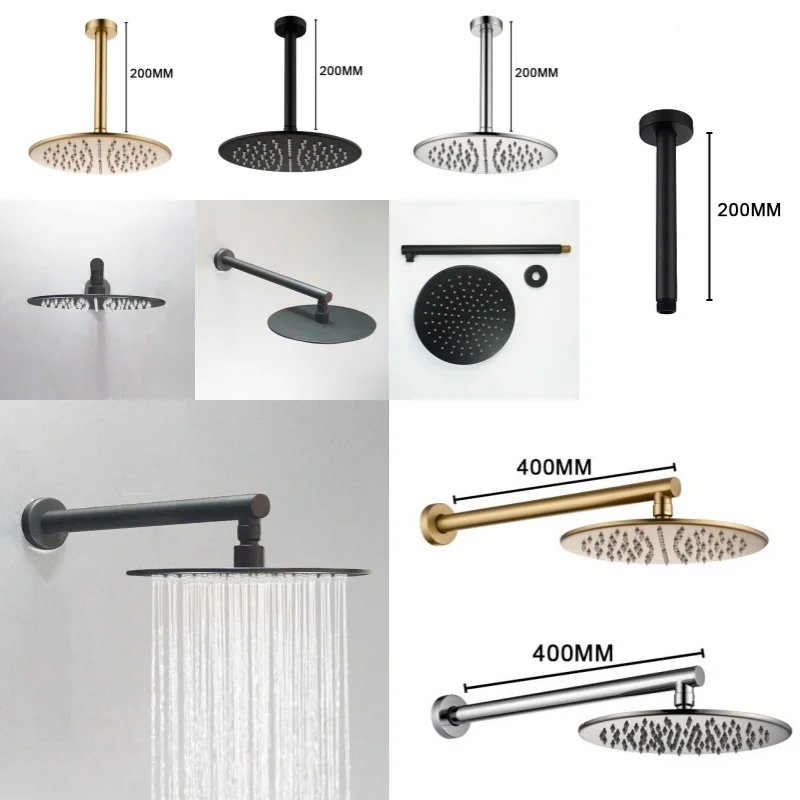 Brushed Gold Rain Shower Head Ceiling 10 Inch Round Bathroom Slim Rain Shower Head with Shower Arm Faucet Accessories