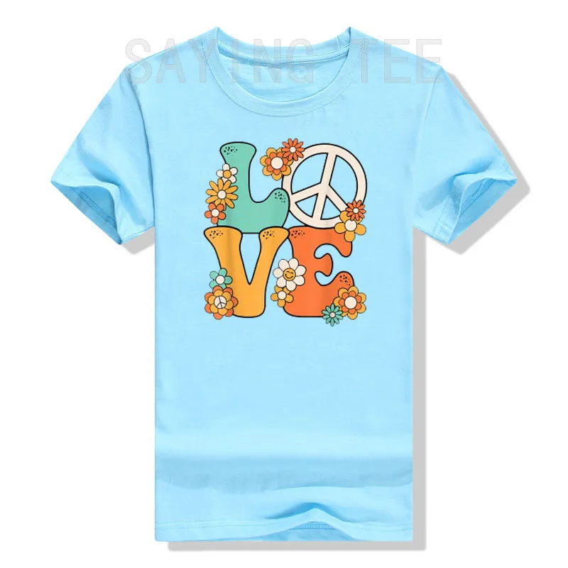 Peace Sign Love 60s 70s Costume Groovy Hippie Theme Party T-Shirt Cute Peace-Sign Print with Flowers Graphic Tee Sayings Outfits