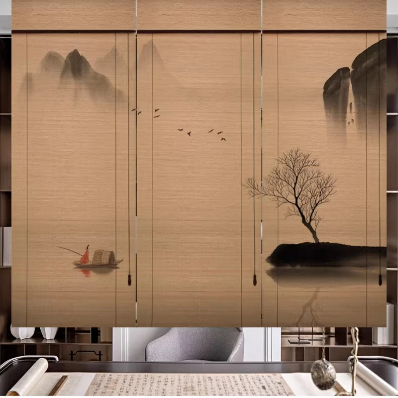 Custom Bamboo Shade with Printed Landscape Painting, Window Covering, Roller Blinds,Partitions, for Patio, Study Room, Tea House