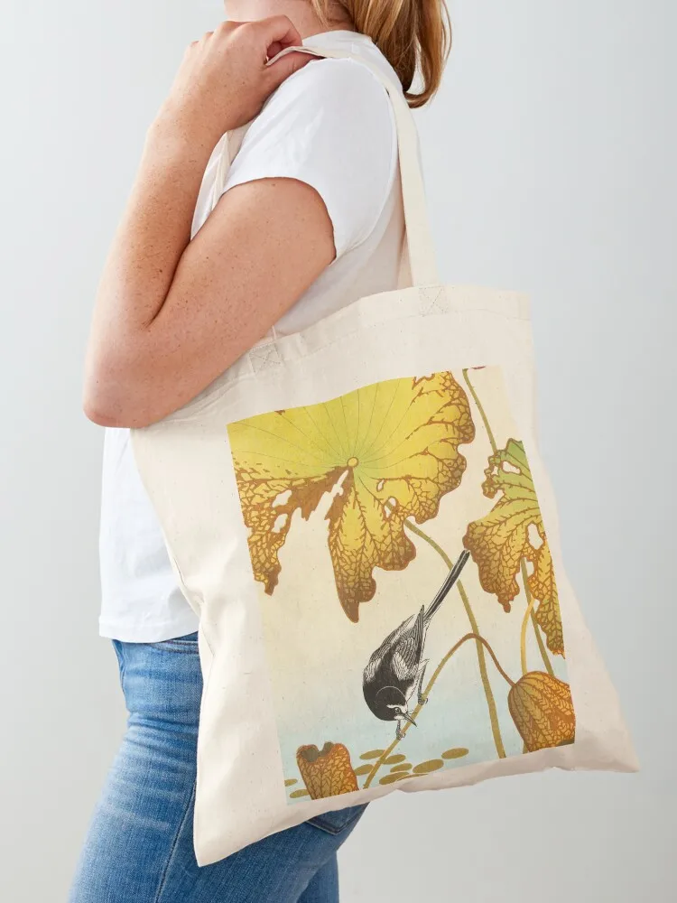 Japanese wagtail on lotus plant (1925 - 1936) by Ohara Koson Tote Bag shopper bags shopping cart bags Canvas Tote Bag