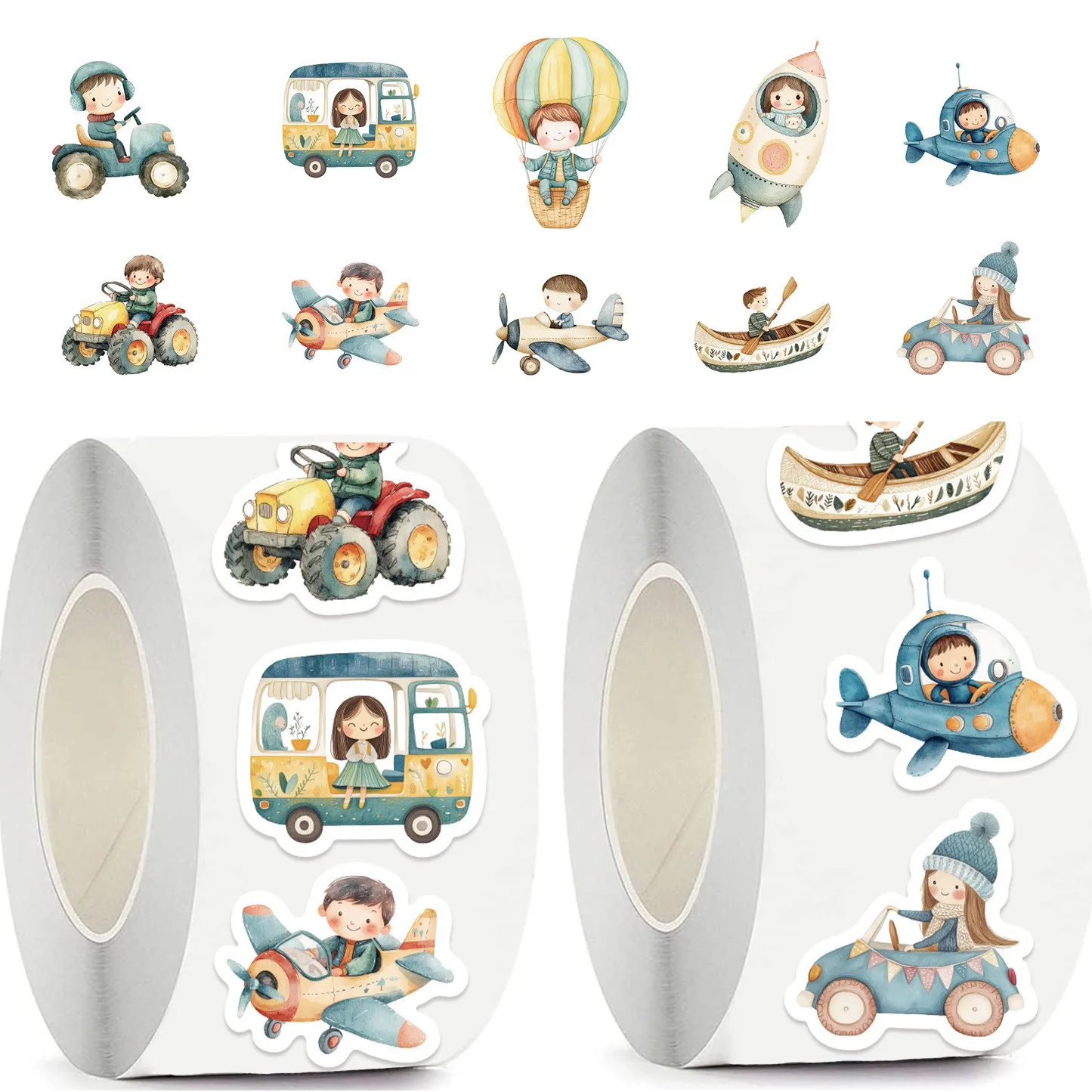 500PCS Cartoon Vehicle Stickers Roll Waterproof Cute Transportation Decals for Luggage Skateboard Phone DIY Decor