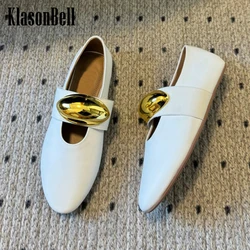 3.27 KlasonBell 2024 New Ballet Flats Shoes Women Fashion Metal Stretch Strap Decoration Genuine Leather Mary Janes Pumps