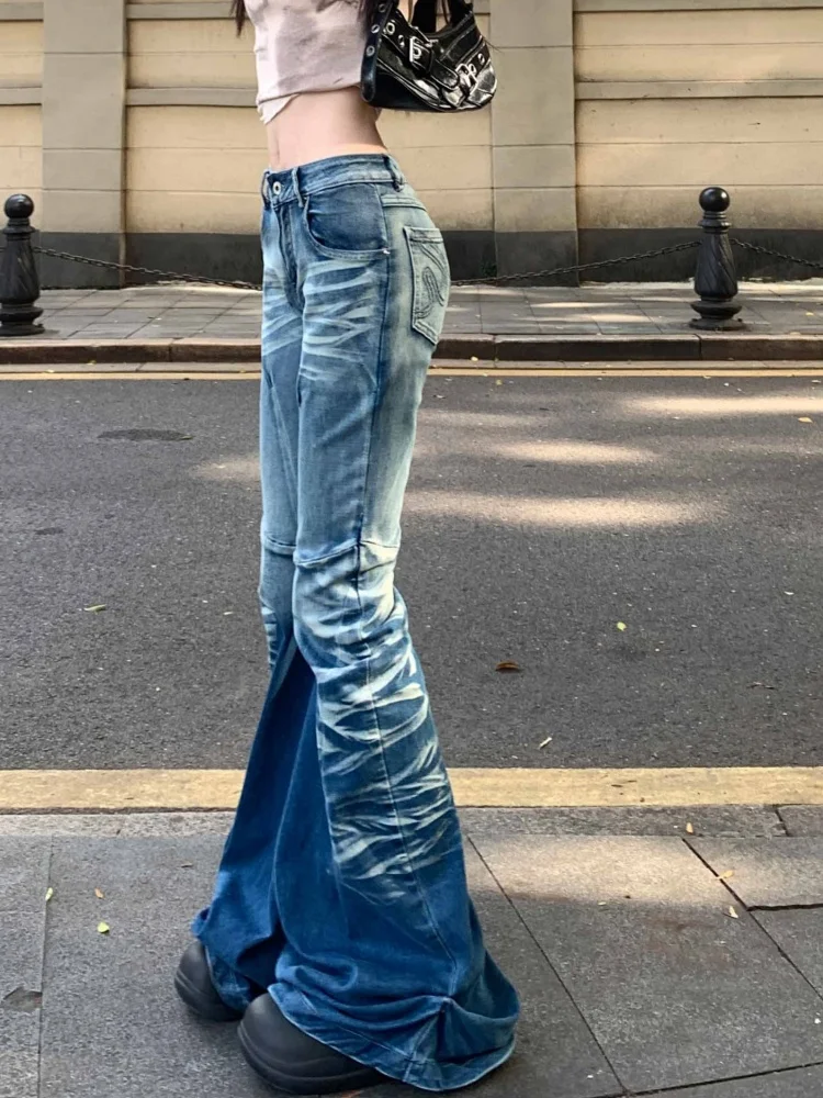 2025 American Retro Y2K Fashion Washed Blue Slim Women's Flared Jeans Pants Woman Clothing Punk Gothic Denim Trousers Ropa Mujer