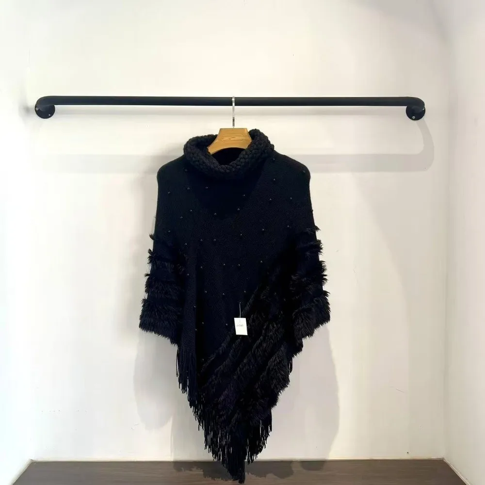 

Этнический стиль, осенне-зимняя вязаная шаль, имитация кашемира, вязаная накидка с высоким воротником и жемчугом, универсальный пуловер с кисточками