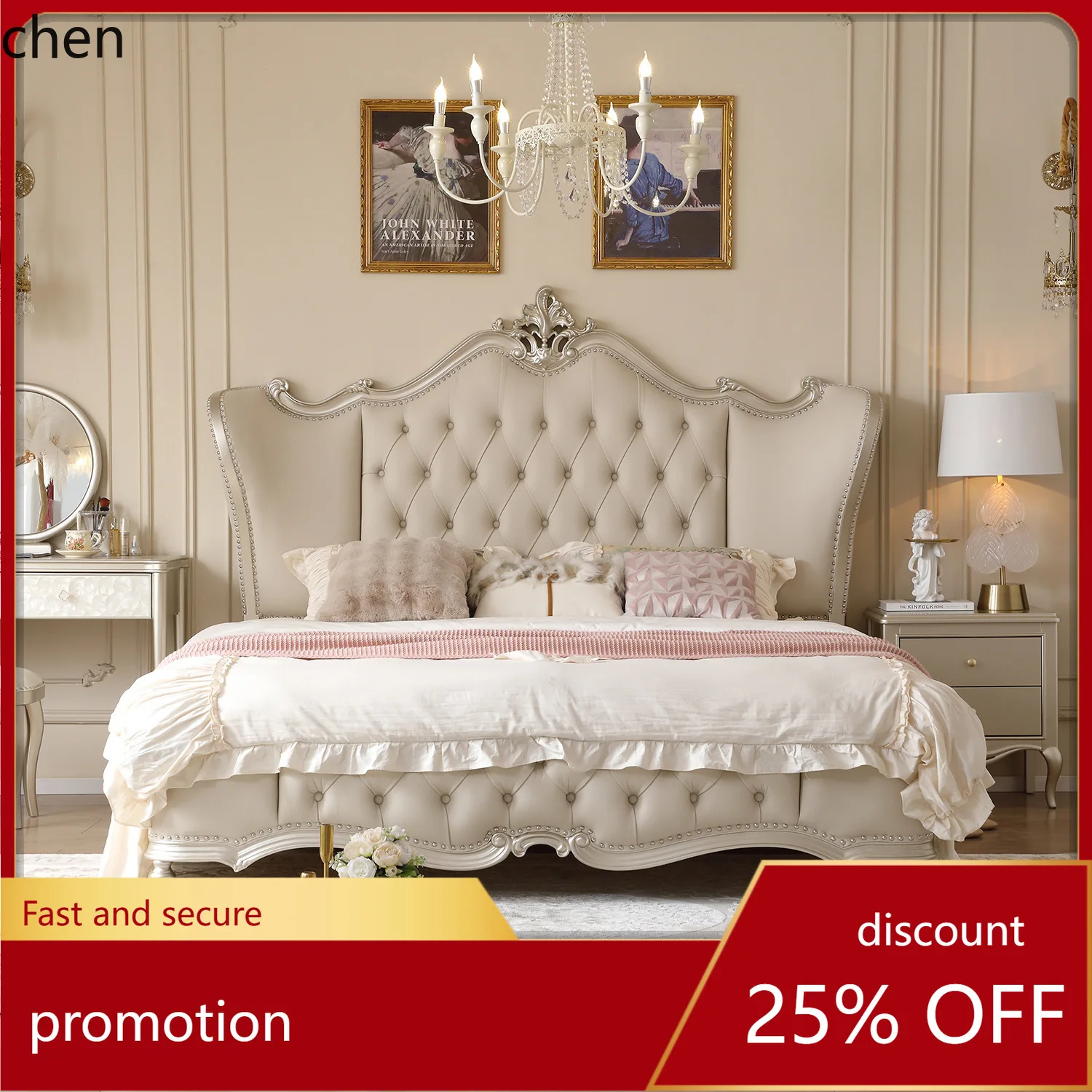 

HT Solid Wood 1.8m Double Bed Master Bedroom Modern Simple Princess Large Bed Soft Leather Bed