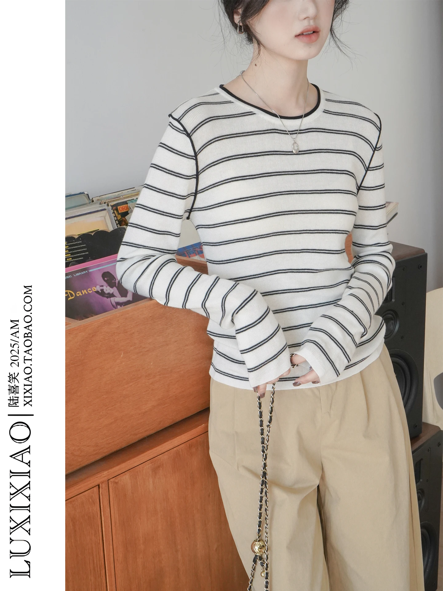 

Женская трикотажная футболка LUXIXIAO с длинным рукавом и круглым вырезом, базовый слой, повседневный облегающий полосатый топ для осени и зимы