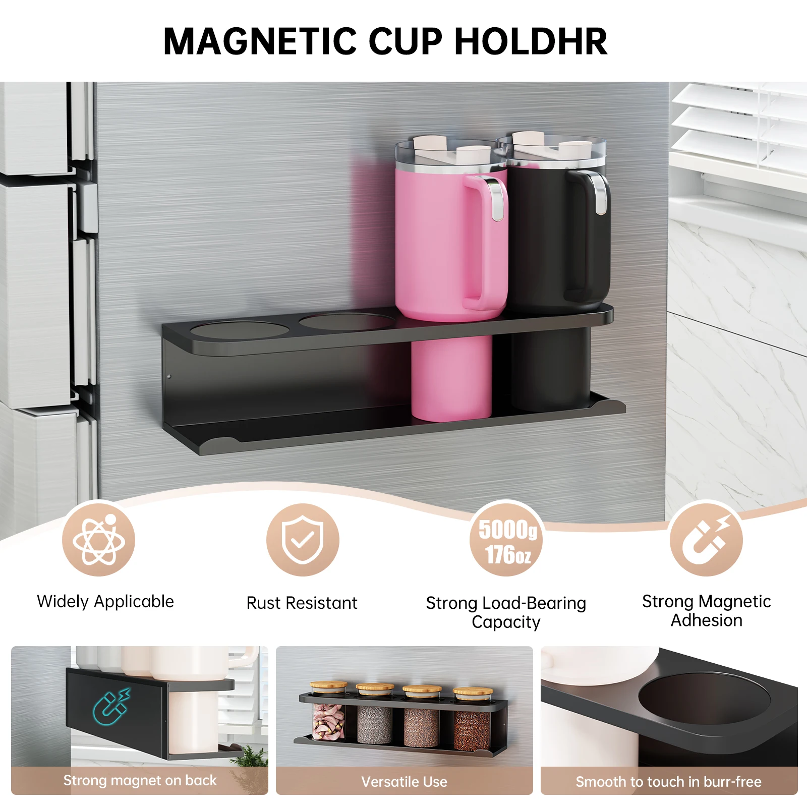 Magnetic Water Cup Holder, Stylish Sports Water Cup Organizer, Can Hold 3/4 Cups, Magnetic Cup Holder for Refrigerator Side, Suitable for Kitchen, Gym, Yoga Room, Car, Compatible with Stanley Cups