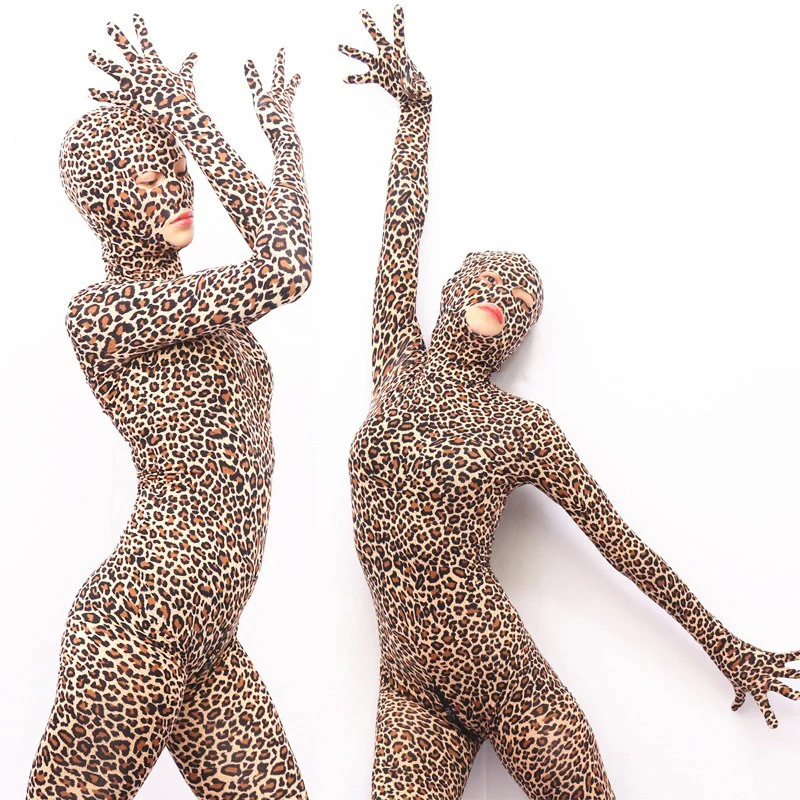 

Sexy Leopard One Piece Tights Full Coat Zentai Separate Fingers Zipper Open Crotch Bodysuit Cosplay Performance Jumpsuit Unitard