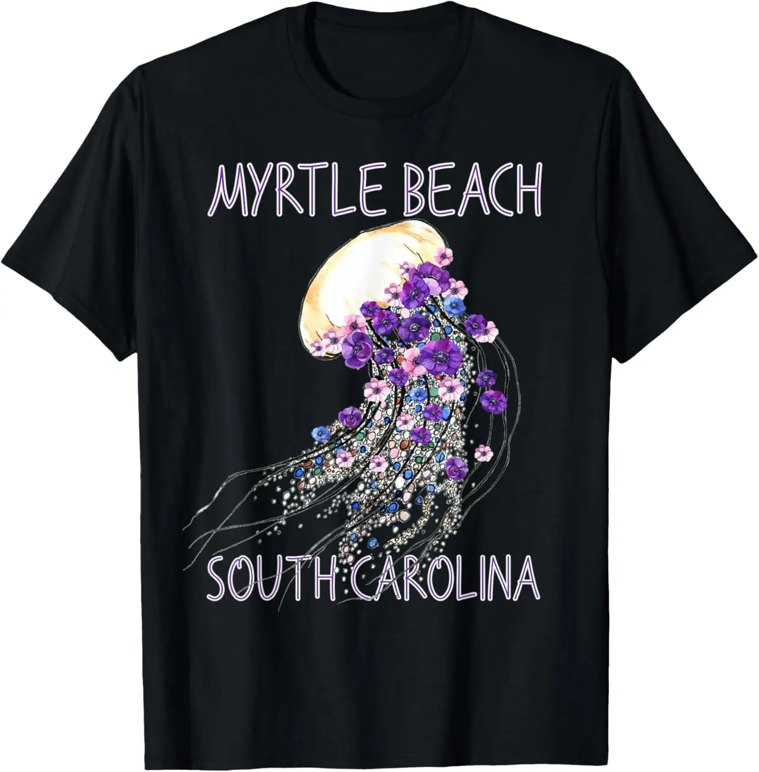 Myrtle Beach SC Souvenir Colorful Jellyfish Flowers Graphic T-Shirt