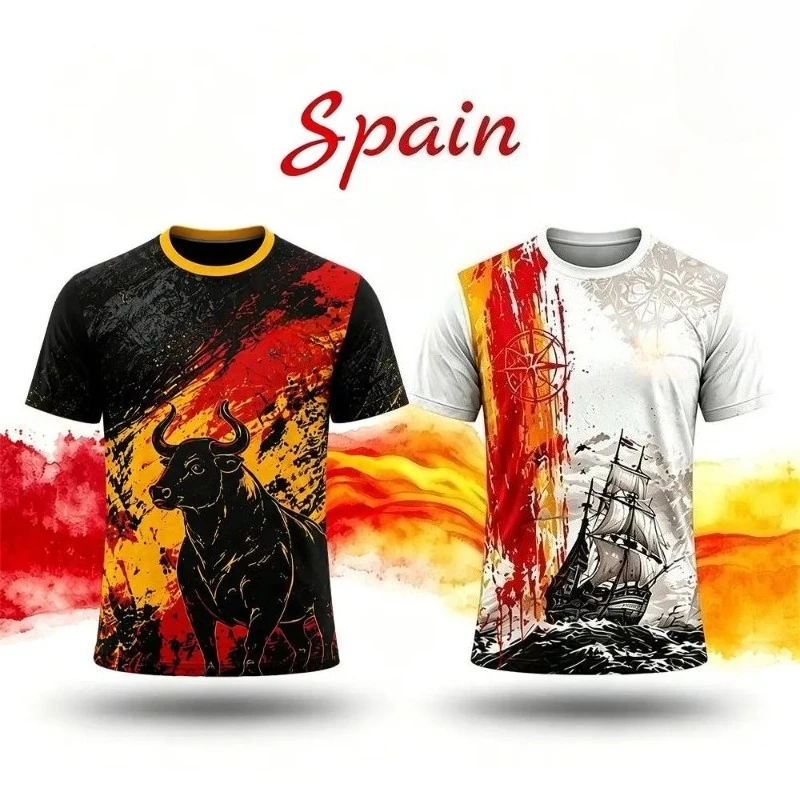 2026 3D Spain Bull Sailing Ship Graphic Print T-shirt Crew Neck Unisex Breathable Soccer Fans Casual Sports Short Sleeve Jersey