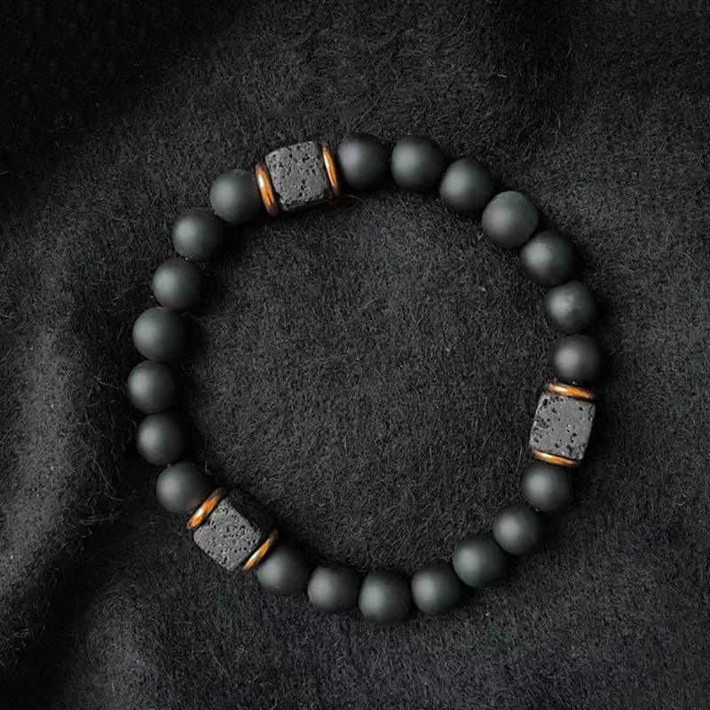 YIZIZAI Black Matte Onyx with Cube Lava Bracelet Yoga Balance Energy Stretch Bracelet Men Women Natural Gemstone Healing Jewelry