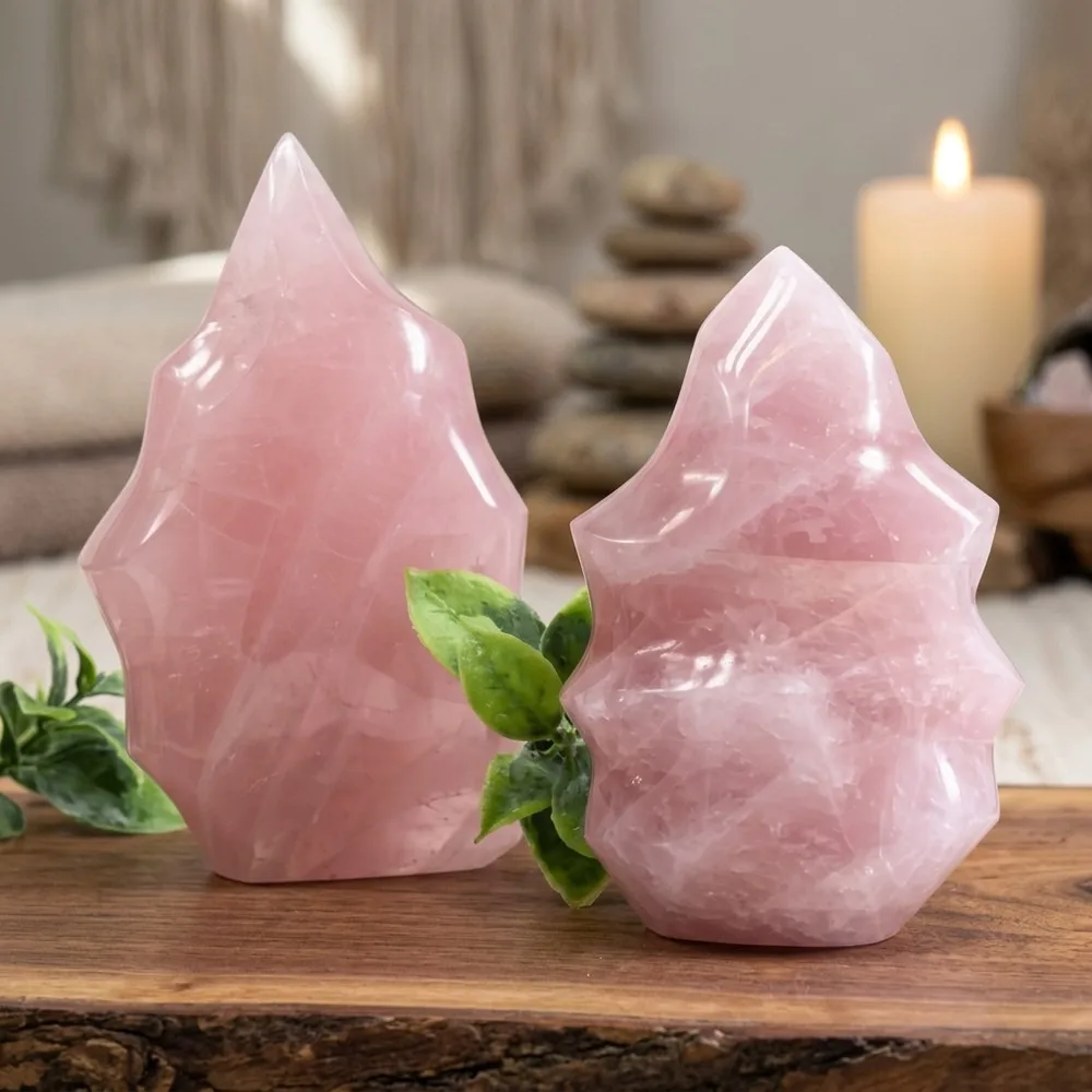 Natural Rose Quartz Flame Crystal Torch, Handmade Pink Stone Sculpture for Spiritual Healing, Home Decoration Gift