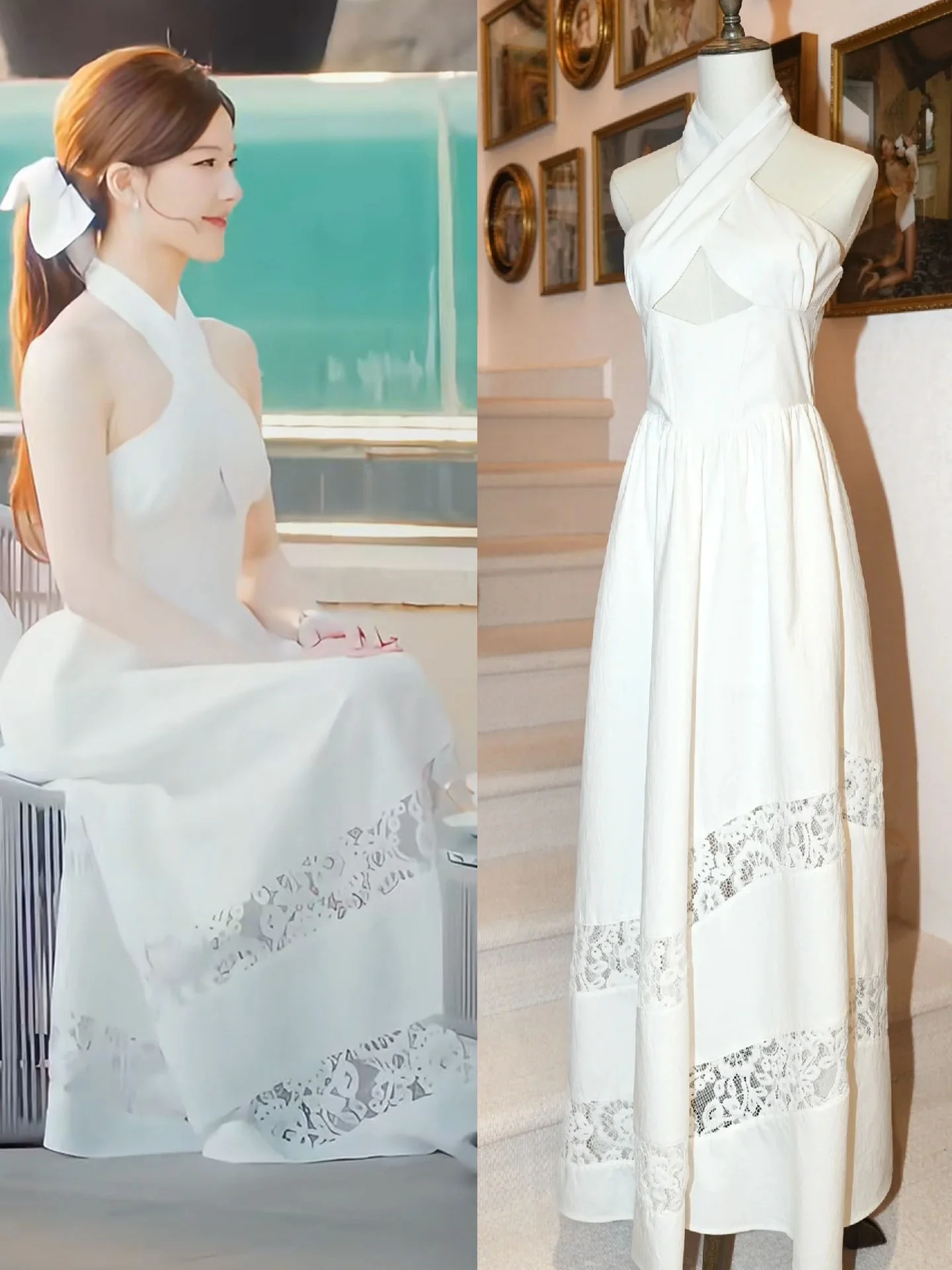 

Ele White Lace Splice Strapl Dr Women's High Waist Floor Length Cotton Blend Gown Simple Sle Diamond Decor