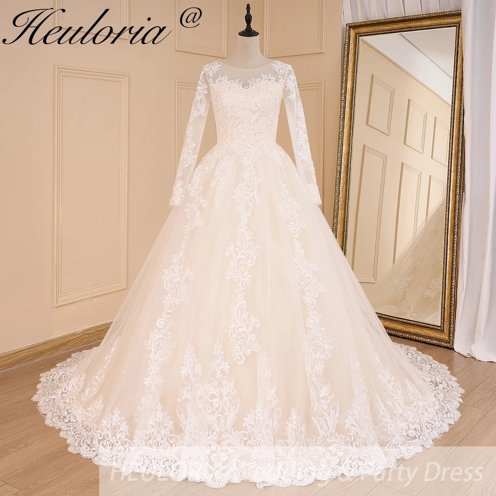 HEULORIA Princess Ball Gown Wedding Dress long sleeve bride dress O neck plus size robe de mariee Lace beading  Bridal Gown