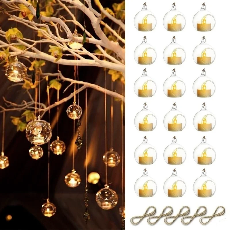 6/12 Stück hängender Kerzenhalter aus Glas, Durchmesser 6/8 cm, mit LED-Kerzen-Terrarium für Hochzeit, Party, Dekoration, Innen- und Außenbereich, Garten