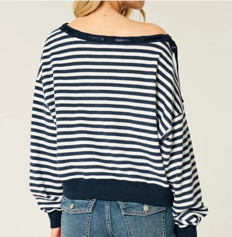 

Женская повседневная полосатая толстовка с капюшоном, осень 2022, новый ленивый стиль, с наклонным вырезом и открытыми плечами, классическая мода на осень