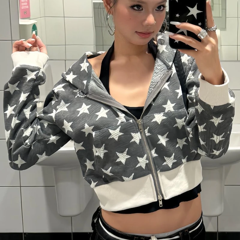 

American Sweet Spicy Girl Retro Star Hooded Cardigan Women High Street Y2k Short Jacket Tops Harajuku Vintage Design Streetwear