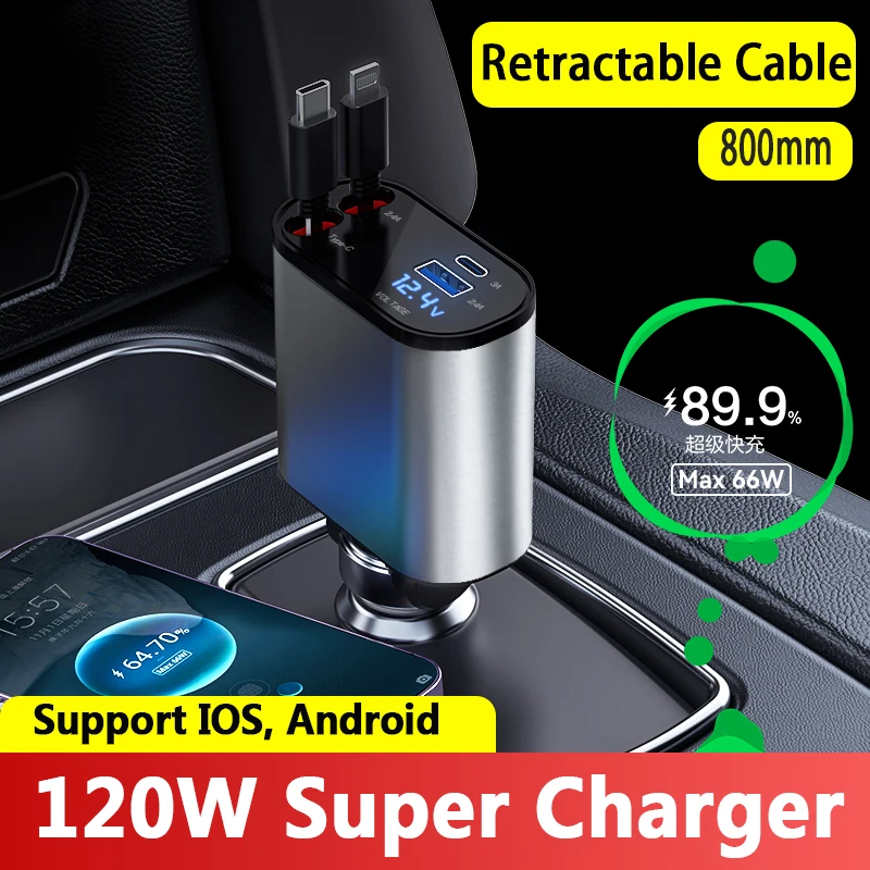 

LOLOAGO Retractable Cable Car Charger USB Type C Port For IPhone Samsung Super Fast Charge Cord Cigarette Lighter Adapter 120W