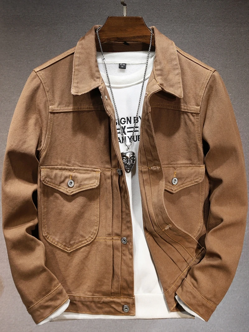 

Retro American Denim Jacket Men's Spring Autumn Loose Casual Collar up Top Workwear Jacket Cotton 100% Antifouling Outerwear