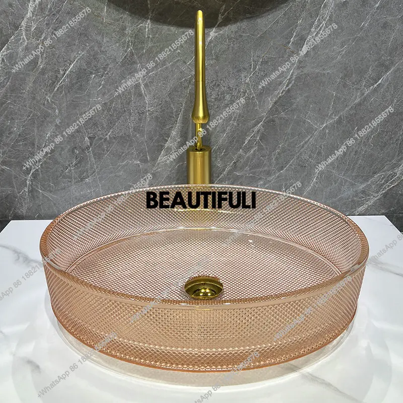 

Transparent pink crystal glass countertop basin, light luxury artistic washbasin, household oval dense grid washbasin