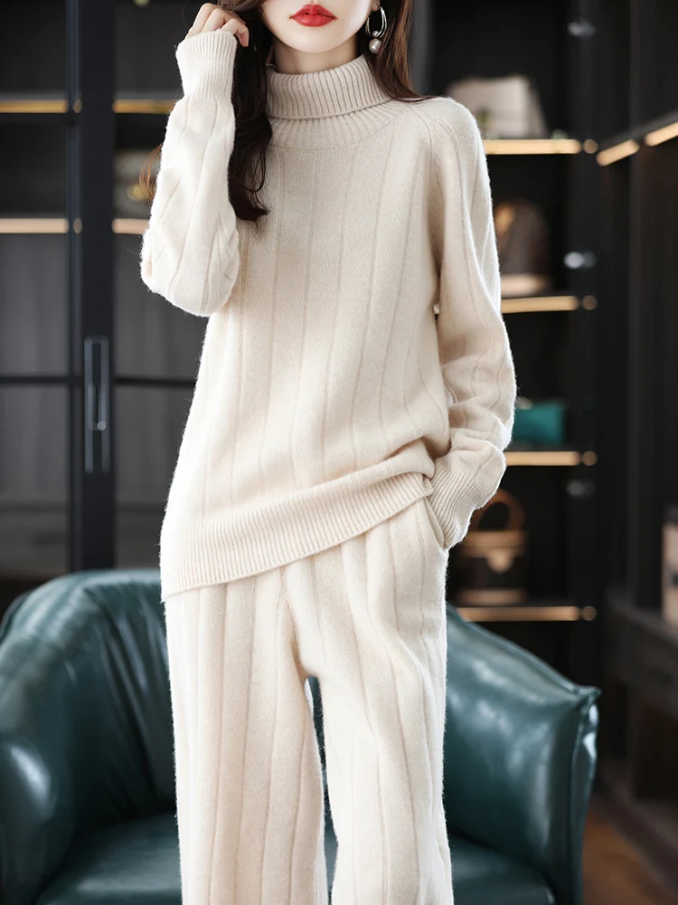 New 100% Pure Wool Two-piece Women\'s Turtleneck Pullover Top Casual Knitted Wide-leg Trousers Autumn / Winter Fashion Thickening