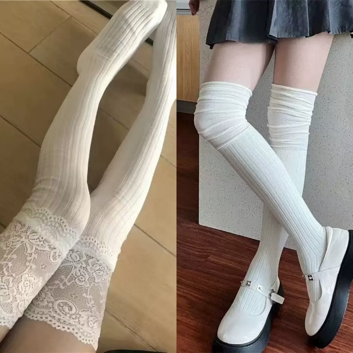 Sexy Medias Lace Up Long Knee Socks Women Over Knee Thigh High Stockings Fashion Ladies Girls Warm Sexy Blend Tights Black White