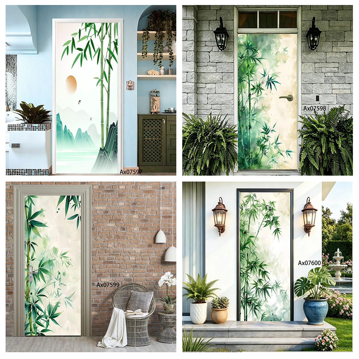 Gradient Pale Green Layered Misty Bamboo Forest Door Sticker Art Mural Self-adhesive Kitchen Refrigerator Wallpaper  Stickers