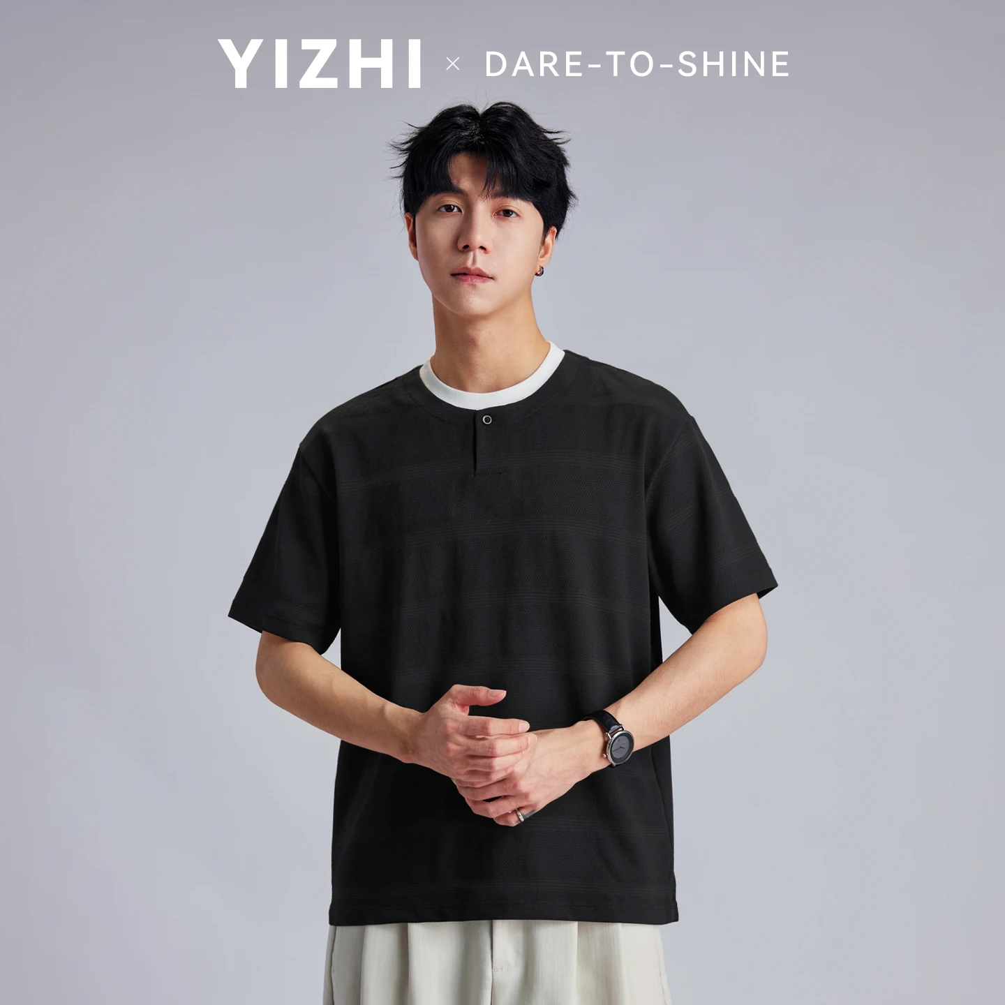 Fashion Men's 220g Heavyweight Texture Stripe Henley Neck T-shirt 2026 Summer Loose Casual Commuter Short Sleeve Tops