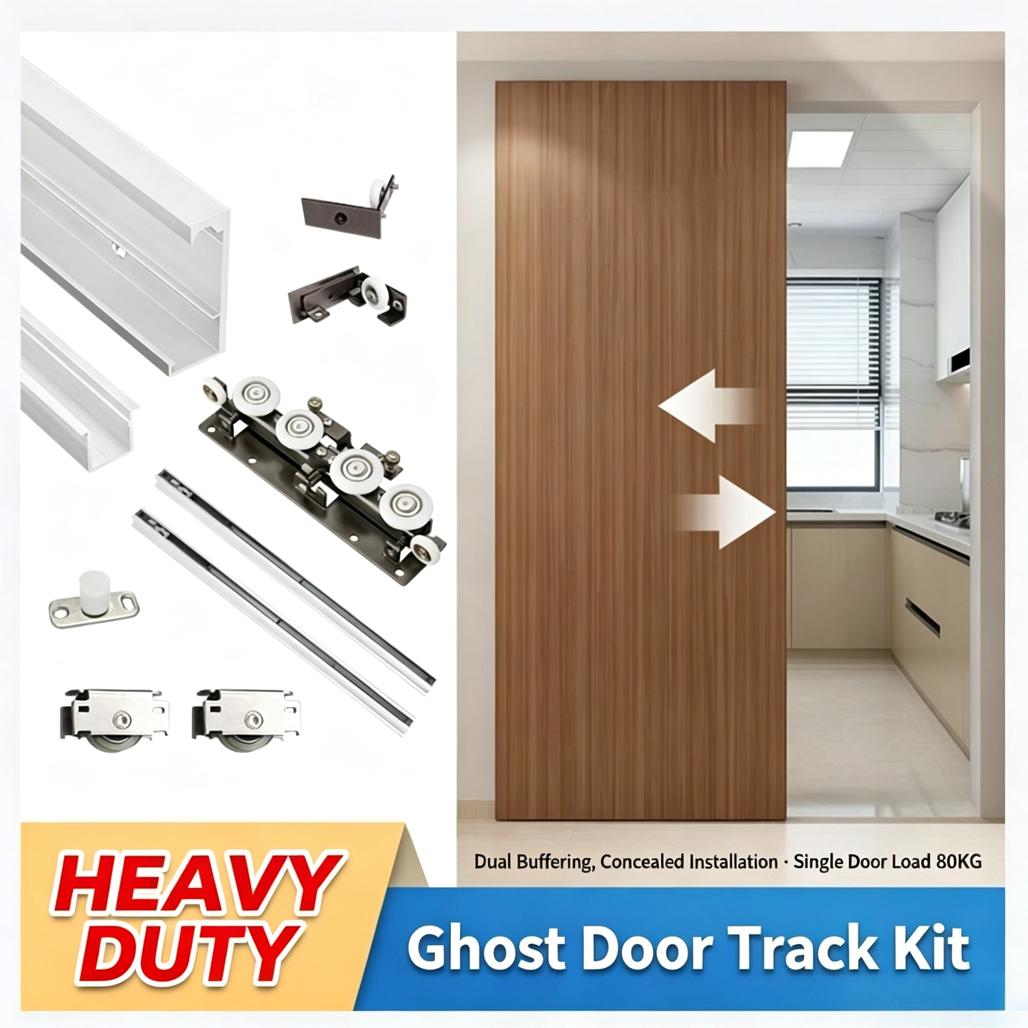 8‑Wheel Ghost Door Hardware, Upper Hanging Track No Lower Rail for Room & Cabinet Sliding Doors