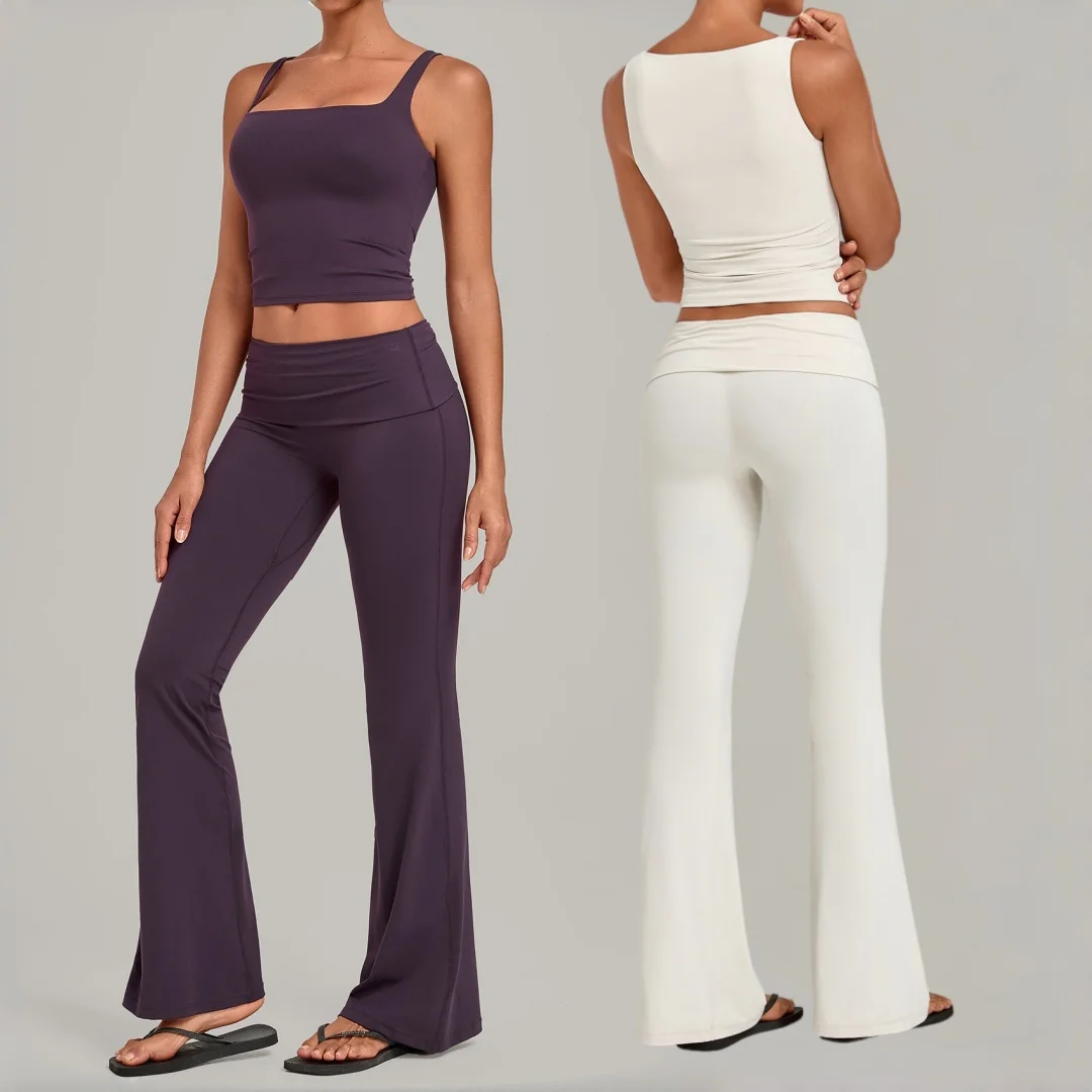 Women's Yoga Set Sports Fitness Hip Lift Tight Vest Fold Waist Invisible Pleated Flared Pants Running Workout Gym Yoga Suit