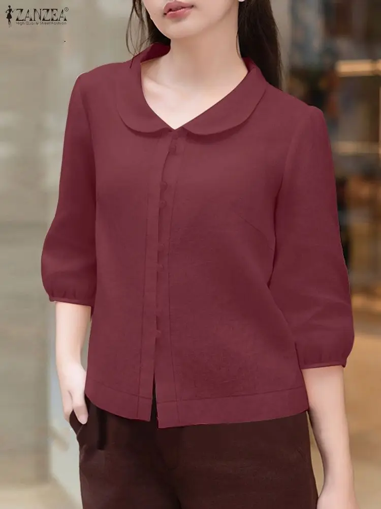 

ZANZEA 2022, осенняя офисная блузка, винтажные рубашки, женские топы с лацканами и рукавами 3/4, повседневные блузки на пуговицах, женская рабочая рубашка OL