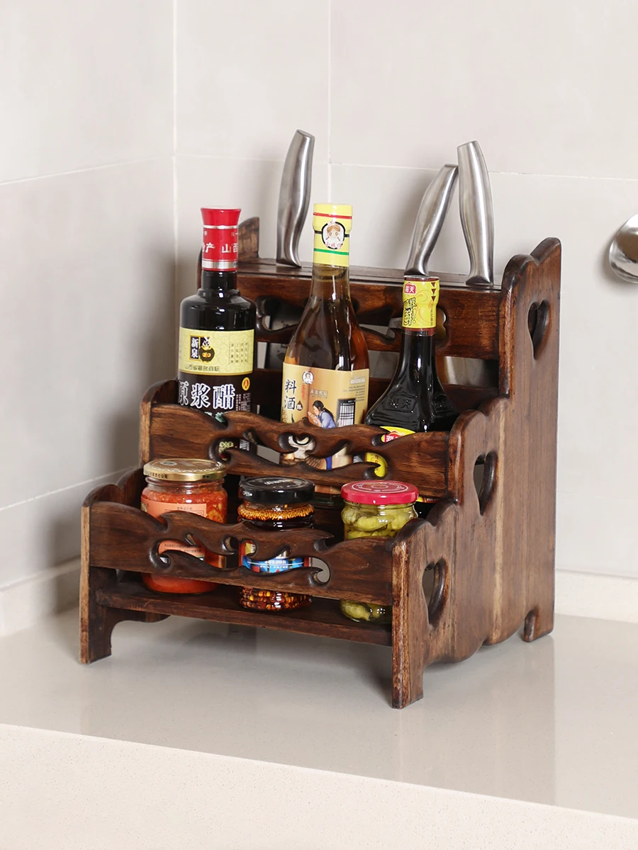 Solid Wood Kitchen Seasoning Spice Rack Storage Rack Countertop Teak Knife Rack Floor Multi-Layer Storage Rack